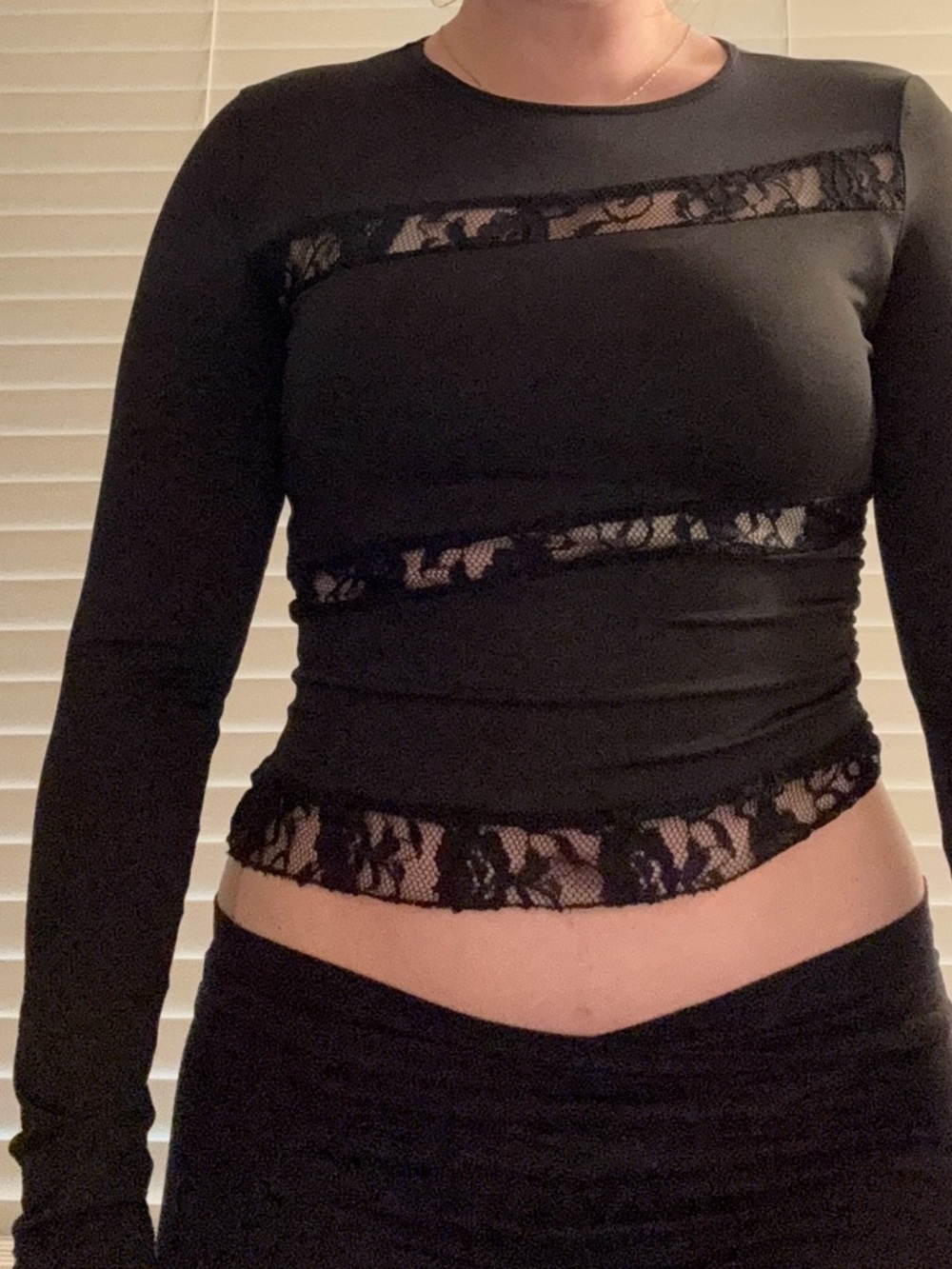 Black Lace Inset Long Sleeve Crop Top